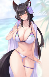 Rule 34 | 1girl, :d, absurdres, animal ears, beach, bikini, bikini pull, black hair, blue archive, blush, breasts, cleavage, clothes pull, gluteal fold, highres, huge breasts, looking at viewer, micosiva, open mouth, robe, seductive smile, skindentation, smile, solo, swimsuit, thick thighs, thigh strap, thighs, wakamo (blue archive), wakamo (swimsuit) (blue archive), yellow eyes
