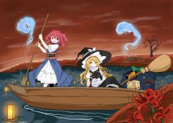 Rule 34 | 2girls, :d, apron, black headwear, blonde hair, blue dress, boat, bow, braid, broom, closed mouth, dress, flower, full body, graveyard, green bow, hair bobbles, hair bow, hair ornament, hat, hat bow, highres, hitodama, holding, holding paddle, kirisame marisa, lantern, lantern on liquid, long hair, looking at viewer, multiple girls, o-ring, obi, onozuka komachi, open mouth, outdoors, paddle, paper lantern, red bow, red eyes, red flower, red hair, sash, shirt, short hair, short sleeves, side braid, single braid, sitting, smile, standing, tatutaniyuuto, touhou, two side up, waist apron, water, watercraft, white apron, white bow, white shirt, wide sleeves, witch hat, yellow eyes