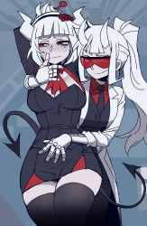 Rule 34 | 2girls, alternate costume, arms behind head, black legwear, black tail, blush, breasts, cleavage, demon girl, demon tail, hand on another&#039;s chin, helltaker, highres, lab coat, large breasts, long hair, looking at viewer, loremaster (helltaker), lucifer (helltaker), maid, mechanical arms, mole, mole under eye, multiple girls, official alternate costume, ponytail, ratatatat74, red-tinted eyewear, red-tinted glasses, red eyes, smile, sunglasses, tail, thighhighs, thighs, tinted eyewear, visor, white hair, yuri