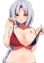 Rule 34 | 1girl, bad id, bad pixiv id, bikini, bikini pull, blue bikini, braid, breasts, busujima funya, cleavage, closed mouth, clothes pull, commentary, highres, large breasts, long hair, looking at viewer, navel, parted lips, pulling own clothes, red bikini, silver hair, simple background, single braid, skindentation, smile, solo, strap slip, swimsuit, touhou, two-tone bikini, undressing, upper body, very long hair, white background, yagokoro eirin, yellow eyes