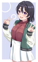 Rule 34 | 1girl, :d, black hair, blush, breasts, commentary request, double v, hair between eyes, highres, igarashi kyouhei, jacket, long sleeves, looking at viewer, love live!, love live! sunshine!!, love live! sunshine!! the school idol movie over the rainbow, medium breasts, open mouth, plaid, plaid shirt, pleated skirt, purple eyes, shirt, shirt tucked in, short hair, skirt, sleeve cuffs, sleeves past wrists, smile, solo, track jacket, v, watanabe tsuki, white skirt