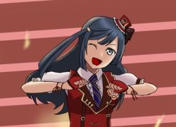 Rule 34 | 1girl, ;), artist name, artist request, black hair, blue hair, blush, breasts, chase (love live!), clenched teeth, collared shirt, dark blue hair, dress shirt, earrings, female focus, fingerless gloves, floating hair, gloves, grey eyes, hair ornament, hairclip, half gloves, hat, jewelry, long hair, looking at viewer, love live!, love live! nijigasaki high school idol club, love live! school idol festival, medium breasts, mini hat, mini top hat, necktie, on stage, one eye closed, parted lips, ponytail, puffy short sleeves, puffy sleeves, purple neckwear, red gloves, red hat, red shirt, red vest, ribbon, shirt, short sleeves, side ponytail, smile, solo, stage, stage lights, stairs, suspenders, teeth, top hat, triangle earrings, upper body, vest, wing collar, wink, yuki setsuna (love live!)