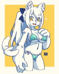 Rule 34 | 1girl, :d, animal ear fluff, animal ears, bikini, black bow, body fur, border, bow, breasts, cat ears, cat girl, cat tail, cropped legs, fang, furry, furry female, green bikini, hair bow, large breasts, long hair, looking at viewer, mawaru (mawaru), multiple tails, navel, open mouth, original, ponytail, skin fang, smile, solo, stomach, suzubi (mawaru), swimsuit, tail, white border, white hair, yellow background, yellow eyes