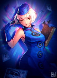 Rule 34 | 1girl, absurdres, alina l, bare shoulders, blue dress, blue gloves, blue hat, book, breasts, card, closed mouth, dress, elizabeth (persona), gloves, hat, highres, holding, holding book, holding card, looking at viewer, medium breasts, mixed-language commentary, persona, persona 3, short hair, signature, sleeveless, sleeveless dress, smile, solo, twitter username, uniform, white hair, yellow eyes