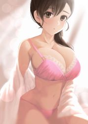Rule 34 | 1girl, :o, absurdres, alternate breast size, bra, breasts, brown eyes, brown hair, cleavage, collarbone, commentary, futami mami, hair between eyes, hair over shoulder, highres, idolmaster, idolmaster (classic), idolmaster 2, kumako (kumakonoh), lace, lace-trimmed bra, lace trim, large breasts, light blush, light particles, long hair, looking at viewer, navel, open clothes, open mouth, open shirt, panties, pink bra, pink panties, ponytail, shirt, solo, sunlight, underwear, underwear only, white shirt