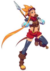 Rule 34 | 1girl, backpack, bad id, bad tumblr id, bag, black thighhighs, boots, crop top, cryamore, cryamore condenser, doughnut, esmyrelda maximus, food, food in mouth, freckles, full body, gloves, goggles, goggles on head, long hair, matching hair/eyes, midriff, mouth hold, navel, official art, orange eyes, orange hair, polearm, robaato, running, shorts, sidelocks, solo, spear, spiked hair, suspenders, thighhighs, very long hair, weapon, white background