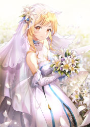 1girl, bangs, bare shoulders, blonde hair, blush, bouquet, breasts, cleavage, cleavage cutout, closed mouth, clothing cutout, collarbone, dress, elbow gloves, eyebrows visible through hair, flower, from side, genshin impact, gloves, holding, holding bouquet, looking at viewer, lumine (genshin impact), lunacle, medium breasts, medium hair, orange eyes, outdoors, petals, smile, solo, veil, white dress, white gloves