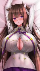 Rule 34 | 1girl, absurdres, animal ears, arms behind head, arms up, azur lane, blush, breasts, brown hair, buttons, cleavage, cow ears, cow girl, cow horns, double-breasted, hair ribbon, highres, hisin, horns, huge breasts, kashino (azur lane), long hair, looking at viewer, lying, military, military uniform, necktie, no bra, on back, parted lips, purple eyes, ribbon, shiny clothes, shiny skin, sidelocks, skirt, solo, uniform, upper body