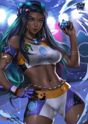 Rule 34 | 1girl, absurdres, aqua hair, armlet, artist name, bare shoulders, bike shorts, bikini, blue eyes, breasts, closed mouth, commentary, creatures (company), dark-skinned female, dark skin, dive ball, earrings, eyeshadow, fingernails, game freak, gloves, gym leader, hair ornament, hand on own hip, hand up, highres, holding, holding poke ball, hoop earrings, jewelry, lips, logan cure, long hair, looking at viewer, makeup, medium breasts, midriff, multicolored hair, navel, necklace, nessa (pokemon), nintendo, patreon, poke ball, pokemon, pokemon swsh, shiny skin, sidelocks, simple background, single glove, sleeveless, solo, sports bikini, stomach, swimsuit, watermark, web address