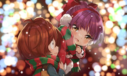 Rule 34 | 1boy, 1girl, black eyes, bow, breath, brown hair, christmas lights, commentary request, earmuffs, eye contact, fang, gegege no kitarou, hair bow, highres, kitarou, looking at another, nekomusume, nekomusume (gegege no kitarou 6), open mouth, purple hair, scarf, silanduqiaocui, smile, snow, winter, yellow eyes