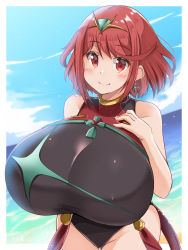 Rule 34 | 1girl, black one-piece swimsuit, breasts, chest jewel, competition swimsuit, covered collarbone, covered navel, gigantic breasts, headpiece, highres, kurokaze no sora, one-piece swimsuit, pyra (pro swimmer) (xenoblade), pyra (xenoblade), red hair, red one-piece swimsuit, solo, strapless, strapless one-piece swimsuit, swept bangs, swimsuit, tiara, two-tone swimsuit, xenoblade chronicles (series), xenoblade chronicles 2