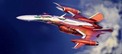Rule 34 | aircraft, airplane, asterozoa, canopy (aircraft), cloud, fighter jet, flying, highres, jet, macross, macross frontier, macross frontier: sayonara no tsubasa, mecha, military, military vehicle, motion blur, no humans, robot, science fiction, sky, solo, variable fighter, vehicle focus, yf-29