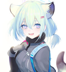Rule 34 | 1girl, absurdres, animal ears, aqua hair, blue archive, blush, breasts, coat, ear piercing, gloves, grey coat, grey gloves, hair between eyes, hair ornament, hairclip, halo, hand on own chest, highres, jewelry, long sleeves, looking at viewer, open mouth, piercing, ponytail, purple eyes, ran (bearsoymilk), shigure (blue archive), simple background, solo, sparkle, tail, upper body, white background