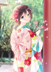 Rule 34 | 1girl, ahoge, blue eyes, blush, brown hair, commentary request, floral print, flower, furisode, hair flower, hair ornament, highres, japanese clothes, kantai collection, kimono, looking at viewer, looking back, md5 mismatch, naoto (tulip), resolution mismatch, shigure (kancolle), smile, solo, source larger