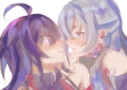 Rule 34 | 2girls, ahoge, bare shoulders, blush, bronya rand, commentary request, earrings, elan ouo, eye contact, grey eyes, grey hair, highres, honkai: star rail, honkai (series), jewelry, long hair, looking at another, multiple girls, parted lips, purple eyes, purple hair, seele (honkai: star rail), simple background, sweatdrop, upper body, white background, yuri