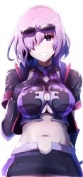 Rule 34 | 1girl, :d, absurdres, adapted costume, alternate costume, bad id, bad twitter id, black gloves, black skirt, breasts, cleavage, cowboy shot, cropped jacket, elbow gloves, fate/grand order, fate (series), gloves, groin, hair over one eye, highres, jacket, large breasts, looking at viewer, mash kyrielight, navel, open clothes, open jacket, open mouth, purple eyes, purple hair, short hair, skirt, smile, solo, stomach, sunglasses, sunglasses on head, wada kazu