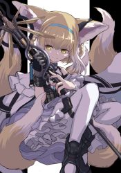 Rule 34 | 1girl, animal ears, arknights, black background, black footwear, black gloves, blonde hair, blue hairband, boushi-ya, braid, dress, earpiece, fox ears, fox girl, fox tail, frilled dress, frills, gloves, green eyes, hairband, holding, holding staff, kitsune, long hair, looking at viewer, multicolored hair, multiple tails, pantyhose, purple dress, shoes, simple background, single glove, single wrist cuff, smile, solo, staff, streaked hair, suzuran (arknights), tail, thigh strap, two-tone background, white background, white hair, white pantyhose, wrist cuffs