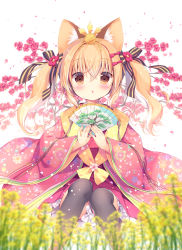 Rule 34 | 1girl, animal ears, black bow, black thighhighs, blonde hair, blurry, blurry foreground, blush, bow, brown eyes, chestnut mouth, commentary request, depth of field, fingernails, floral print, flower, folding fan, fox ears, hair between eyes, hair bow, hakama, hakama skirt, hand fan, hinamatsuri, holding, holding fan, japanese clothes, kimono, layered clothes, layered kimono, long hair, long sleeves, looking at viewer, mimiket, miyasaka miyu, multicolored hair, nail polish, original, parted lips, pink bow, pink flower, pink kimono, pink nails, print kimono, purple hakama, saishi, short kimono, sidelocks, skirt, solo, striped, striped bow, thighhighs, twintails, two-tone hair, white background, white hair, wide sleeves, yellow flower