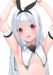 Rule 34 | 1girl, arm garter, armpits, arms up, black hairband, blunt bangs, blush, breast curtains, breasts, commentary request, grey hair, hairband, hashiko nowoto, highres, looking at viewer, nei (hashiko nowoto), original, red eyes, simple background, small breasts, smile, solo, upper body, white background