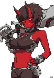 Rule 34 | 1girl, bare shoulders, bike shorts, black hair, breasts, colored skin, fang, fang out, gauntlets, gloves, hand on own hip, holding, holding sword, holding weapon, horns, kidouko (zakusi), large breasts, looking at viewer, midriff, navel, oni, oni horns, orange eyes, original, pointy ears, red oni, red skin, short hair, signature, simple background, solo, sword, weapon, white background, zakusi
