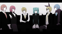 Rule 34 | 2boys, 4girls, cigarette, everyone, eyepatch, formal, genyaky, hatsune miku, highres, kagamine len, kagamine rin, kaito (vocaloid), letterboxed, megurine luka, meiko (vocaloid), multiple boys, multiple girls, necktie, scarf, suit, thighhighs, vocaloid