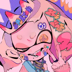 Rule 34 | 1girl, absurdres, alternate costume, bandaid, bandaid on face, blunt bangs, braces, crown, dress, gloves, grin, highres, inkling, looking at viewer, matumot, mole, mole under mouth, multicolored hair, nintendo, pearl (splatoon), pink hair, short hair, smile, solo, splatoon (series), sticker, sticker on face, tentacle hair, tongue, two-tone hair, unworn gloves, upper body, white hair, yellow eyes