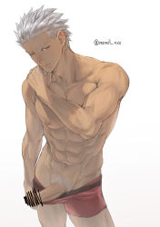 Rule 34 | 1boy, abs, archer (fate), artist name, censored, collarbone, contrapposto, cowboy shot, fate/stay night, fate (series), grey background, grey hair, grey pubic hair, hand on own shoulder, highres, male focus, male pubic hair, male underwear, mondi hl, navel, nipples, one eye closed, penis, pubic hair, red male underwear, short hair, simple background, solo, standing, topless male, underwear