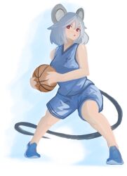 Rule 34 | absurdres, alternate costume, animal ears, ball, basket, basketball (object), blue footwear, blue shirt, blue shorts, commentary, english commentary, full body, grey hair, highres, holding, holding ball, lenserd, looking at viewer, mixed-language commentary, mouse ears, mouse girl, mouse tail, nazrin, open mouth, red eyes, shirt, short hair, shorts, sleeveless, sleeveless shirt, standing, tail, touhou, white background