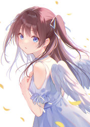 Rule 34 | 1girl, blue eyes, brown hair, choker, clothing cutout, dress, floating hair, from side, fukahire (ruinon), hands on own chest, looking at viewer, looking to the side, original, parted lips, puffy short sleeves, puffy sleeves, ribbon, short sleeves, shoulder cutout, sleeve ribbon, solo, two side up, white dress, white ribbon, white wings, wings