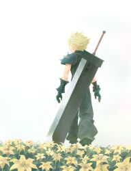 Rule 34 | 1boy, absurdres, black gloves, black pants, blonde hair, buster sword, cloud strife, commentary request, dododo, field, final fantasy, final fantasy vii, flower, flower field, gloves, highres, lily (flower), male focus, pants, single shoulder pad, solo, sword, weapon, weapon on back