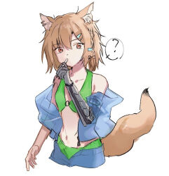 Rule 34 | 1girl, ?, animal ear fluff, animal ears, arknights, bare shoulders, bikini, bikini under clothes, braid, breasts, brown hair, collarbone, ear piercing, green bikini, hair between eyes, hand up, inu to milk, jacket, navel, notched ear, o-ring, o-ring bikini, o-ring top, off shoulder, open clothes, open jacket, piercing, prosthesis, prosthetic arm, red eyes, see-through, simple background, small breasts, solo, spoken question mark, swimsuit, tail, vermeil (arknights), white background