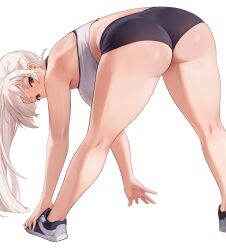 Rule 34 | 1girl, ass, bare shoulders, bent over, black shorts, blush, breasts, brown eyes, highres, iwbitu, large breasts, long hair, looking back, nyopu, original, ponytail, shoes, short shorts, shorts, sidelocks, sneakers, solo, sports bra, stretching, thick thighs, thighs, white hair, white sports bra