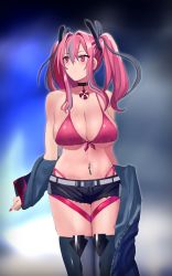 Rule 34 | 1girl, azur lane, bare shoulders, belt, bikini, black choker, black shorts, blue jacket, blue thighhighs, blurry, blurry background, blush, breasts, bremerton (azur lane), choker, cleavage, commentary, cowboy shot, cutoffs, ear piercing, fingernails, front-tie bikini top, front-tie top, grey belt, grey hair, hair between eyes, hair intakes, hair ornament, highleg, highleg bikini, highres, jacket, large breasts, lifebuoy, long fingernails, long hair, long sleeves, looking to the side, meron-souda shibori-tate, midriff, mole, mole on breast, mole under eye, multicolored hair, nail polish, navel, navel piercing, no shirt, outline, partially undressed, piercing, pink bikini, pink eyes, pink hair, pink nails, shadow, short shorts, shorts, side-tie bikini bottom, sidelocks, smile, solo, standing, streaked hair, swim ring, swimsuit, thigh strap, thighhighs, twintails, two-tone hair, two-tone legwear, underboob