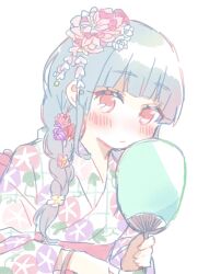 Rule 34 | 1girl, blue hair, blunt bangs, blush, bracelet, braid, braided ponytail, cha ipride, closed mouth, dutch angle, floral print, flower, gradient hair, hair flower, hair ornament, hair over shoulder, hand fan, highres, holding, holding fan, hyodou shizuku, idoly pride, japanese clothes, jewelry, kanzashi, kimono, long bangs, long hair, looking at viewer, multicolored hair, obi, paper fan, pink flower, pink hair, plaid kimono, print kimono, red eyes, red flower, sash, sidelocks, simple background, solo, uchiwa, upper body, white background, white kimono, yukata