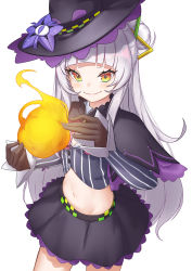 Rule 34 | 1girl, absurdres, black capelet, black gloves, black hat, black skirt, blunt bangs, blush, breasts, capelet, closed mouth, commentary, cowboy shot, cropped shirt, eyelashes, fireball, gloves, green eyes, grey eyes, hair bun, hat, hexagram hair ornament, highres, hololive, long hair, long sleeves, looking at viewer, magic, midriff, miniskirt, multicolored eyes, murasaki shion, murasaki shion (1st costume), navel, orange eyes, pinstripe pattern, pinstripe shirt, samc, shirt, side bun, simple background, single hair bun, single side bun, skirt, small breasts, smile, smirk, solo, striped clothes, striped shirt, vertical-striped clothes, vertical-striped shirt, virtual youtuber, white background, witch hat