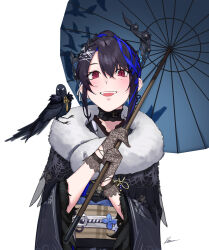 Rule 34 | 1girl, asymmetrical horns, black hair, blue hair, blush, colored inner hair, dasdokter, demon horns, fur collar, hair ornament, highres, holding, holding umbrella, hololive, hololive english, horns, long hair, looking at viewer, mole, mole under eye, multicolored hair, nerissa ravencroft, nerissa ravencroft (new year), official alternate costume, open mouth, parasol, red eyes, shadow (nerissa ravencroft), smile, solo, two-tone hair, umbrella, uneven horns, virtual youtuber
