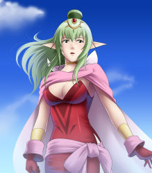 Rule 34 | 1girl, aged up, bracelet, breasts, cape, fire emblem, fire emblem: mystery of the emblem, fire emblem awakening, gloves, green eyes, green hair, hair ornament, jewelry, long hair, matching hair/eyes, nintendo, pointy ears, ponytail, ribbon, solo, thor (deep rising), tiki (adult) (fire emblem), tiki (fire emblem)