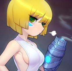 Rule 34 | 1girl, puff of air, arm cannon, bare shoulders, blonde hair, bob cut, breasts, closed mouth, ezreal, facial mark, from side, gender request, genderswap, green eyes, gun, league of legends, looking at viewer, looking to the side, medium breasts, short hair, sideboob, smoke, smoking gun, solo, sparrowl, upper body, weapon
