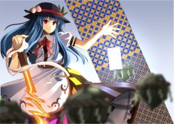 Rule 34 | 1girl, apron, blue hair, clere, grin, hat, hinanawi tenshi, keystone, long hair, looking at viewer, neck ribbon, red eyes, ribbon, skirt, smile, solo, spell card, sword, sword of hisou, touhou, weapon