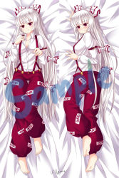 Rule 34 | 1girl, arm strap, barefoot, bed sheet, blunt bangs, blush, bow, breasts, buckle, cleavage, collared shirt, dakimakura (medium), dress shirt, english text, feet, from above, from side, fujiwara no mokou, full body, hair bow, hand on own chest, highres, hime cut, indoors, light smile, long hair, long sleeves, looking at viewer, looking back, lying, multiple views, ofuda, on back, on bed, on side, pants, puffy long sleeves, puffy sleeves, red eyes, sample watermark, shirt, signature, silver hair, smile, soles, strap gap, suspenders, thigh gap, touhou, tress ribbons, very long hair, villyane, watermark, white shirt