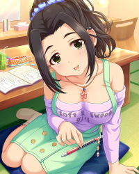 Rule 34 | 10s, 1girl, artist request, bare shoulders, black hair, blush, book, breasts, chair, cleavage, collarbone, ebihara naho, green eyes, holding, idolmaster, idolmaster cinderella girls, jewelry, large breasts, long hair, looking at viewer, necklace, off shoulder, official art, parted lips, pen, pencil case, ponytail, sitting, skirt, smile, solo, suspender skirt, suspenders, table, tatami