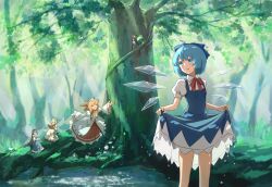 Rule 34 | &gt; &lt;, 4girls, absurdres, ahoge, ascot, black hair, blonde hair, blue bow, blue dress, blue eyes, blue hair, blush, book, bow, breedo, cirno, collared shirt, commentary request, dress, fairy, fairy wings, flower, forest, hair bow, headdress, highres, holding, holding book, ice, ice wings, luna child, multiple girls, nature, neck ribbon, open mouth, orange hair, outdoors, pinafore dress, puffy short sleeves, puffy sleeves, reading, red ribbon, red skirt, ribbon, shirt, short sleeves, skirt, skirt hold, sleeveless, sleeveless dress, star sapphire, sunny milk, touhou, touhou lost branch of legend, water, water drop, white dress, white flower, white shirt, window, wings, yellow ascot