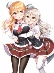 Rule 34 | 10s, 2girls, bare shoulders, black legwear, blonde hair, blush, breasts, brown eyes, brown hair, hug, hug from behind, kantai collection, large breasts, long hair, multiple girls, open mouth, pantyhose, pola (kancolle), simple background, thighhighs, tsukudani norio, wavy hair, white background, white legwear, zara (kancolle)