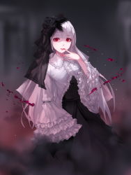 Rule 34 | 1girl, bad id, bad pixiv id, black dress, blurry, blurry background, dress, finger to mouth, floating hair, flower, hair flower, hair ornament, jname, lipstick, long dress, long hair, looking at viewer, makeup, nail polish, original, parted lips, red eyes, red lips, red nails, silver hair, solo, standing, transparent, very long hair, white flower