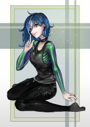 Rule 34 | 1girl, absurdres, ahoge, black choker, black footwear, blue hair, choker, closed mouth, commentary, earrings, english commentary, fangs, green eyes, highres, jewelry, long hair, looking at viewer, making-of available, original, pointing, pointing up, red lips, simha, sitting, solo, wariza