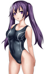 Rule 34 | 1girl, barefoot, breasts, chestnut mouth, competition swimsuit, covered navel, highleg, highleg swimsuit, katagiri (a1466502), long hair, one-piece swimsuit, original, purple eyes, purple hair, simple background, solo, swimsuit, thighs, twintails, white background
