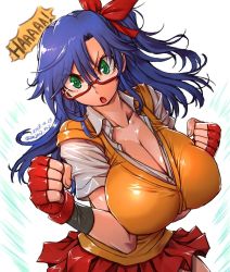 Rule 34 | 1girl, amania orz, blue hair, breasts, cleavage, fingerless gloves, glasses, gloves, green eyes, large breasts, open mouth, solo, tagme