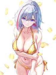 Rule 34 | 1girl, absurdres, bare arms, bare shoulders, bikini, blue eyes, breasts, coin, colored inner hair, commentary request, cowboy shot, hair intakes, hair ornament, highres, honkai: star rail, honkai (series), large breasts, looking at viewer, multicolored hair, navel, pink lips, red hair, red nails, short hair, side-tie bikini bottom, smile, solo, stomach, streaked hair, swimsuit, topaz (honkai: star rail), white background, yellow bikini, zea (zeamilky)