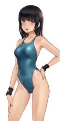 Rule 34 | 1girl, absurdres, bare shoulders, black hair, blue eyes, blue one-piece swimsuit, blush, breasts, collarbone, competition swimsuit, highleg, highleg swimsuit, highres, long hair, looking at viewer, medium breasts, one-piece swimsuit, open mouth, original, solo, swimsuit, thighs, wa (genryusui), wristband