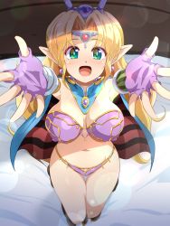 Rule 34 | armor, armpits, arms up, bed, bikini, bikini armor, black footwear, blonde hair, blue cape, boots, breasts, cape, circlet, cleavage, earrings, elbow gloves, elf, esper (saga 2), fingerless gloves, from above, gem, gloves, green eyes, hair intakes, hair ornament, highres, indoors, jewelry, knee boots, konpeto, long hair, looking at viewer, looking up, navel, open mouth, outstretched arms, outstretched hand, pink bikini, pink gloves, pointy ears, saga, saga 2, sitting, smile, solo, swimsuit, thigh gap, thighs